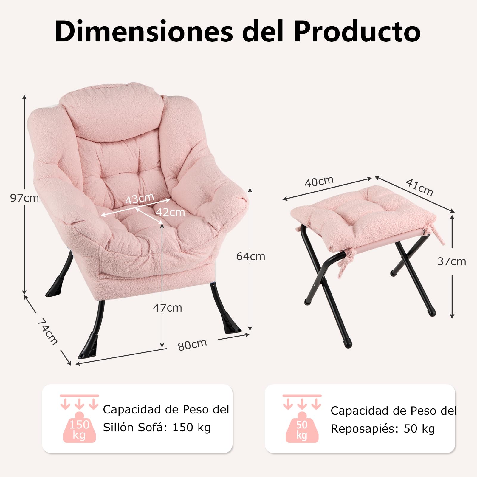 GIANTEX Sillón de Lectura con Reposapiés, Silla Sofá Moderna de Vellón de Imitación con Taburete Plegable, Cojín Suave y Bolsillo Lateral, Sillón de Ocio para Salón, Oficina, Dormitorio (Rosa)