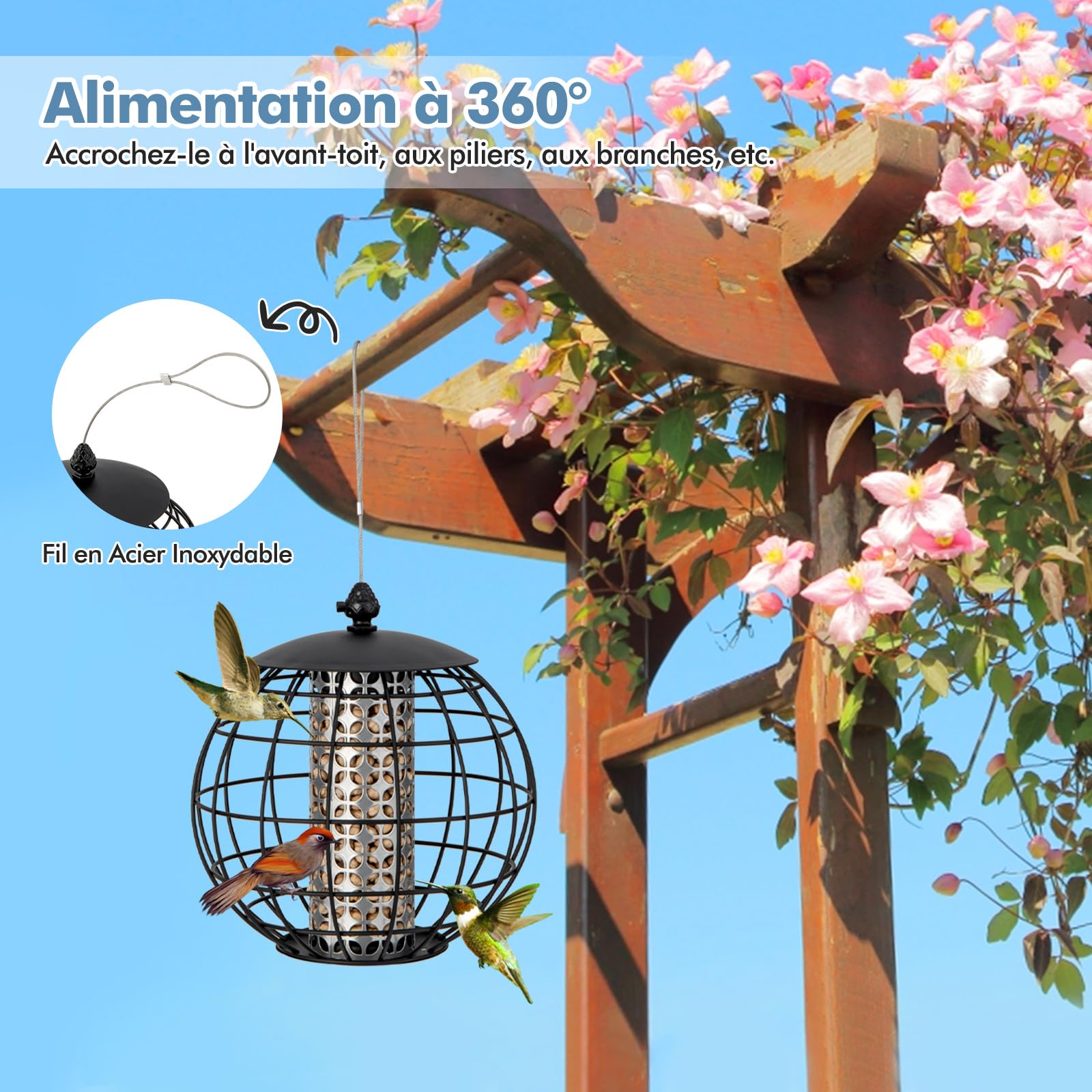 GYMAX Mangeoire Oiseaux Exterieur Suspendue, Mangeoire Oiseaux Sauvages, Design Anti-écureuil, Distributeur Oiseaux Extérieur en Métal, Résistante aux Intempéries, Charge 3 kg, pour Jardin/Cour