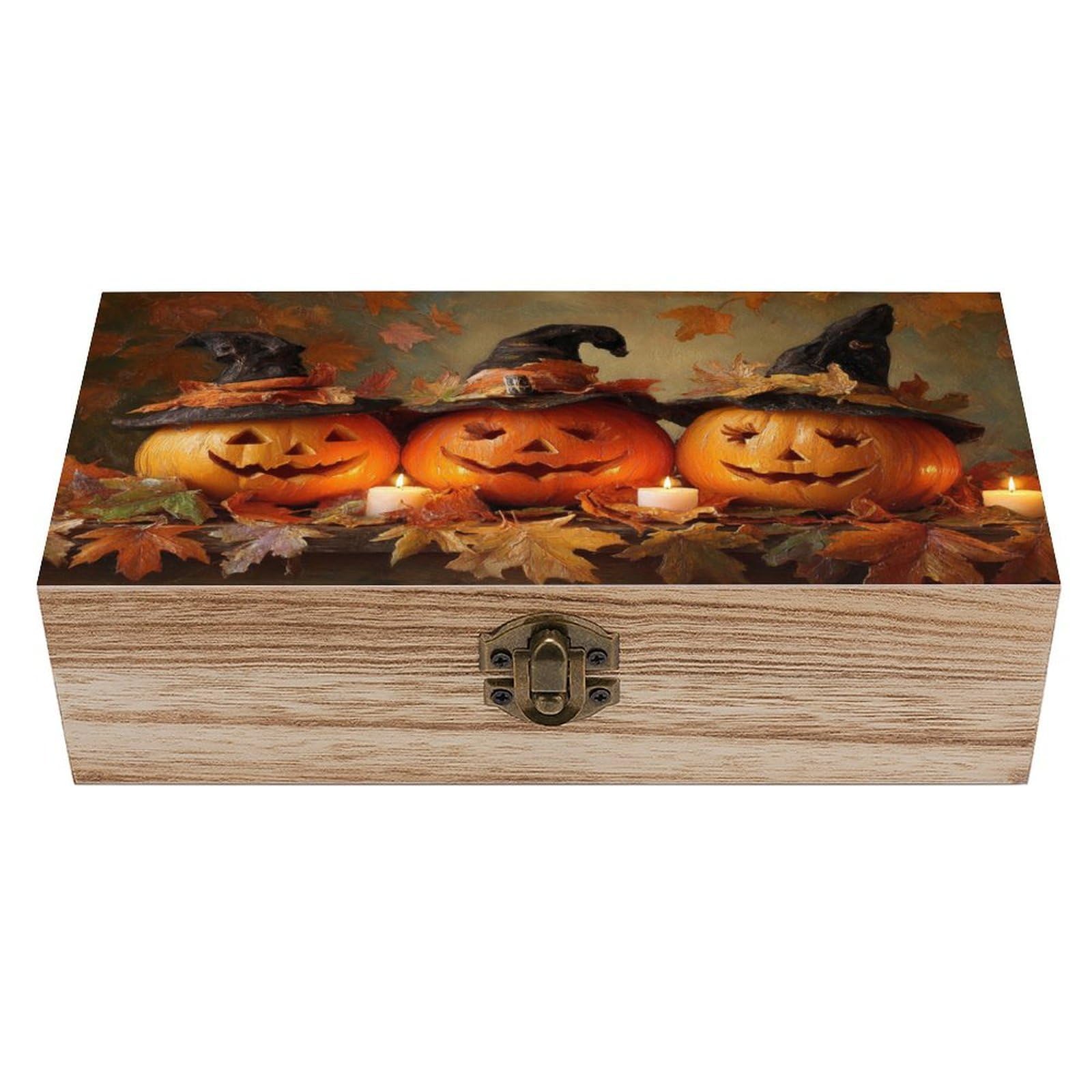 Ahdyr Pumpkins Witch Hats Candles Autumn Leaves Wooden Storage Box with Hinged Lid And Front Clasp Large Keepsake Box