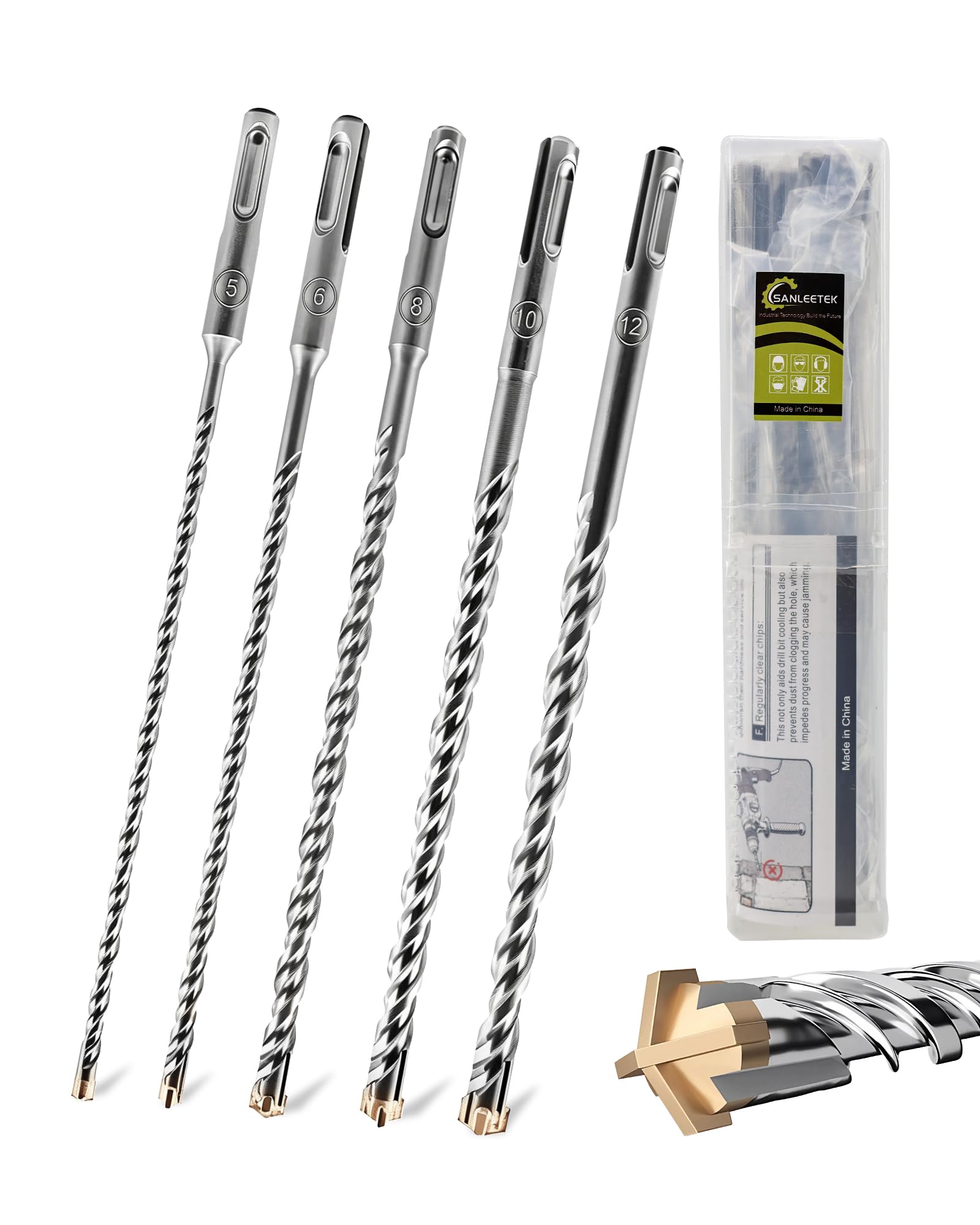 SANLEETEK SDS Plus Rotary Hammer Drill Bit 5PCS 210mm Hammer Impact Drill Bit Concrete Drill Bit Cross Drill Bits for Masonry Brick Granite Concrete Block Dia 5+6+8+10+12mm