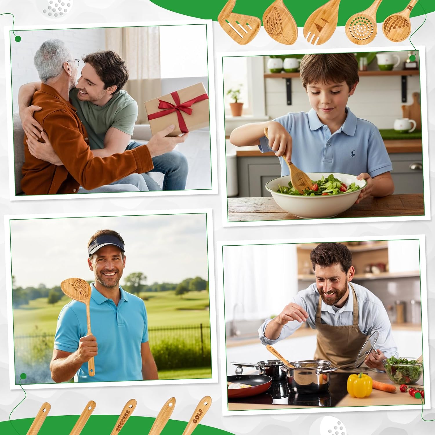 Newtay 5 Pcs Golf Themed Kitchen Utensil Set Bamboo Spatula Spoon for Dad