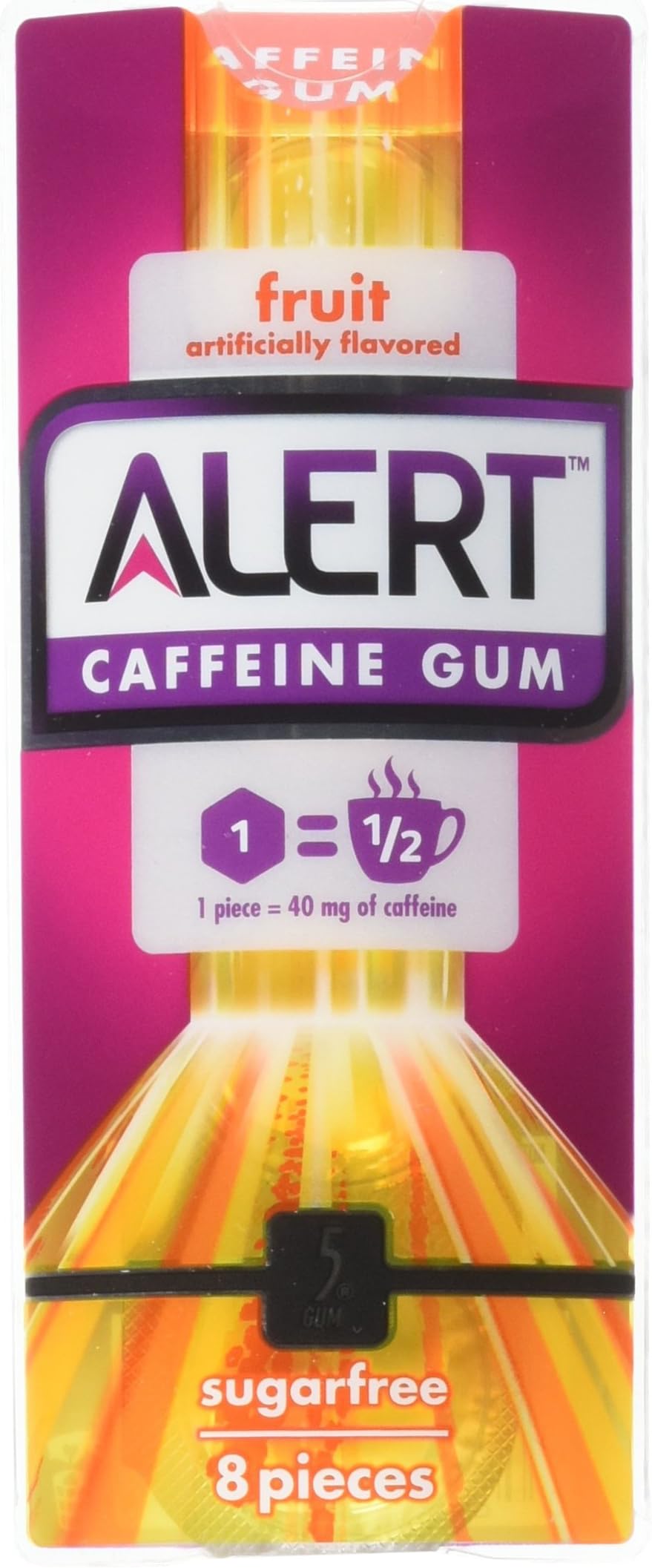 5 GUM Alert Caffeine Fruit Chewing Gum, 8 Pieces (8 Pack)