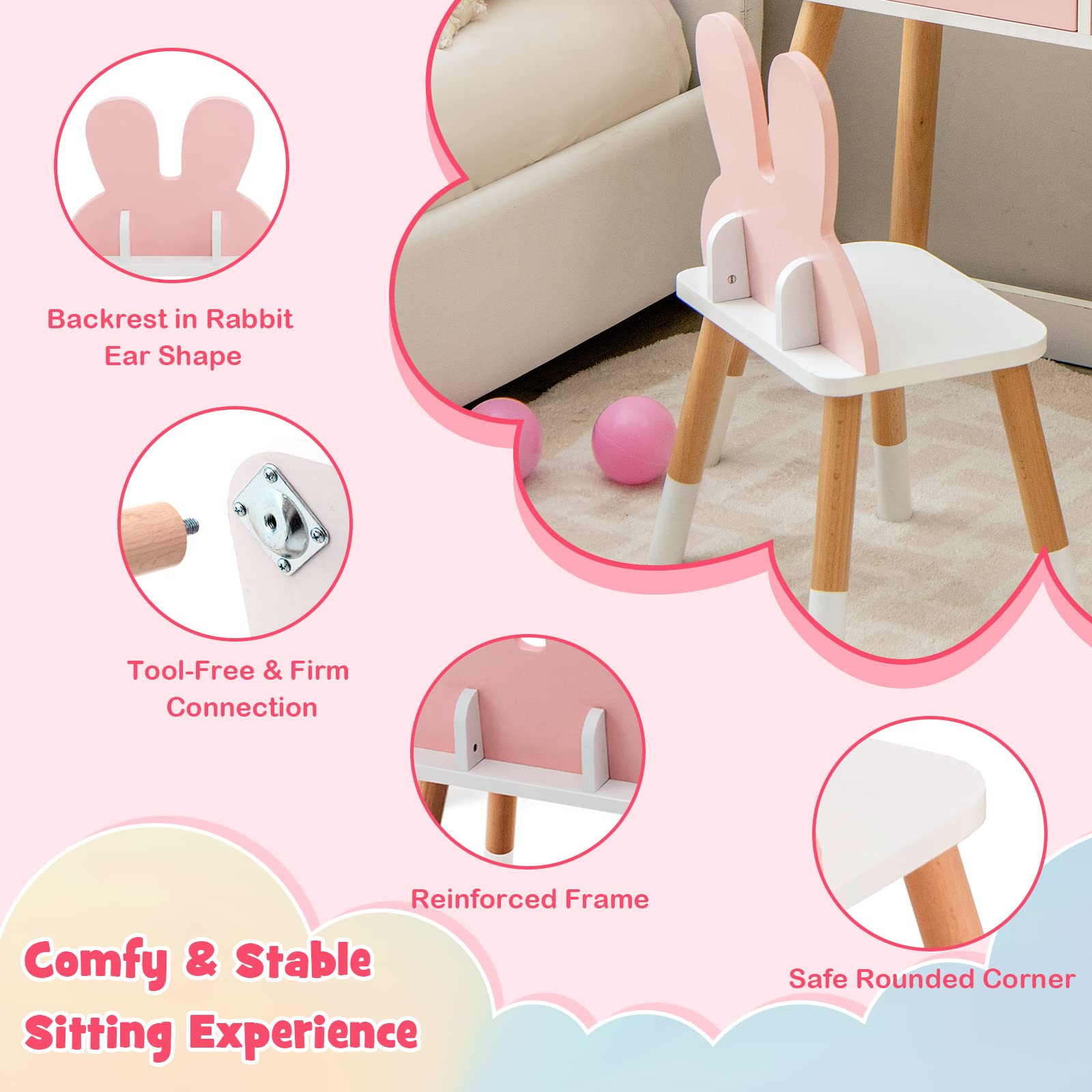 RELAX4LIFE 2 in 1 Toeletta Trucco Bambina con Specchio e Sgabello, Set Tavolo da Trucco con 2 Cassetti, Centro di Bellezza, Giocattolo da Trucco per Bambini dai 3 ai 7 Anni (Rosa)