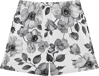 Black Flowers Girls Shorts,Casual Shorts with Pockets Pants for Sports, Travelling,Home-XS