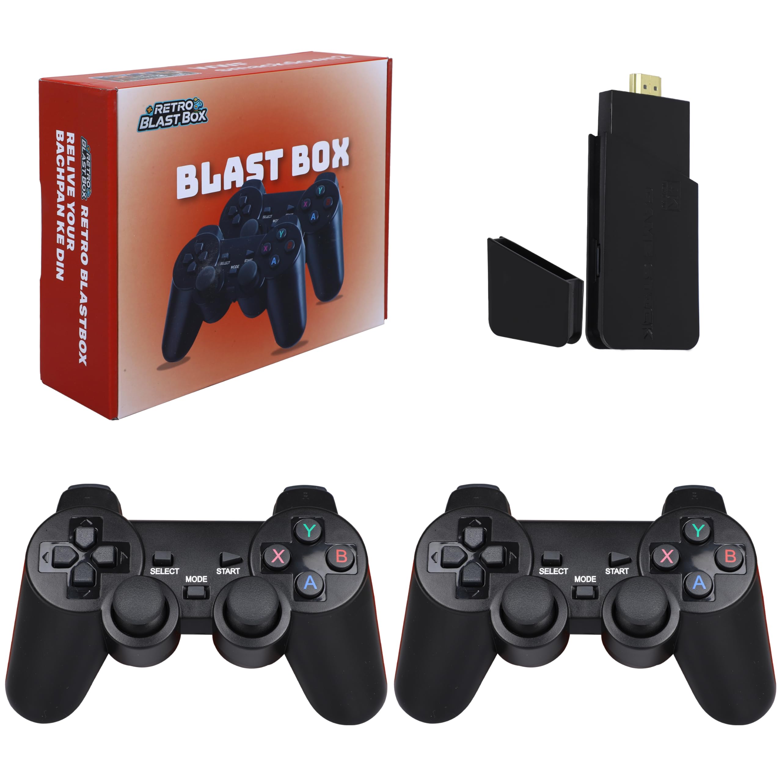 M9 Blast Box Edition 4K Ultra HD Game Stick with 2 Wireless Controllers, 64GB Storage, 24000+ Games, 10 Emulators, Black 1