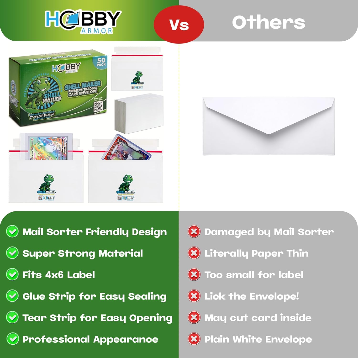 50 Pack Shell Mailer Trading Card Envelopes by Hobby Armor, 7" x 4.35" Trading Card Mailers for Shipping, Perfect Sized Shipping Envelope for Mailing Semi-Rigid and Toploaders, Protector Supplies