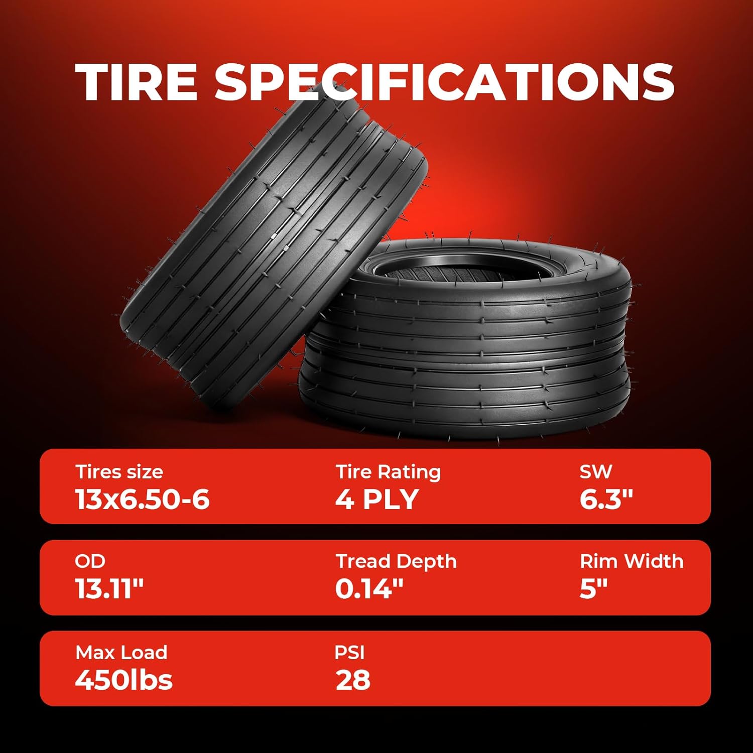 13x6.50-6 Lawn Mower Tires Set of 2,13x6.50x6 Lawn Mower Tire, 4-Ply Tubeless Turf Tires for Riding Golf Carts Tractor Zero Turn Mower