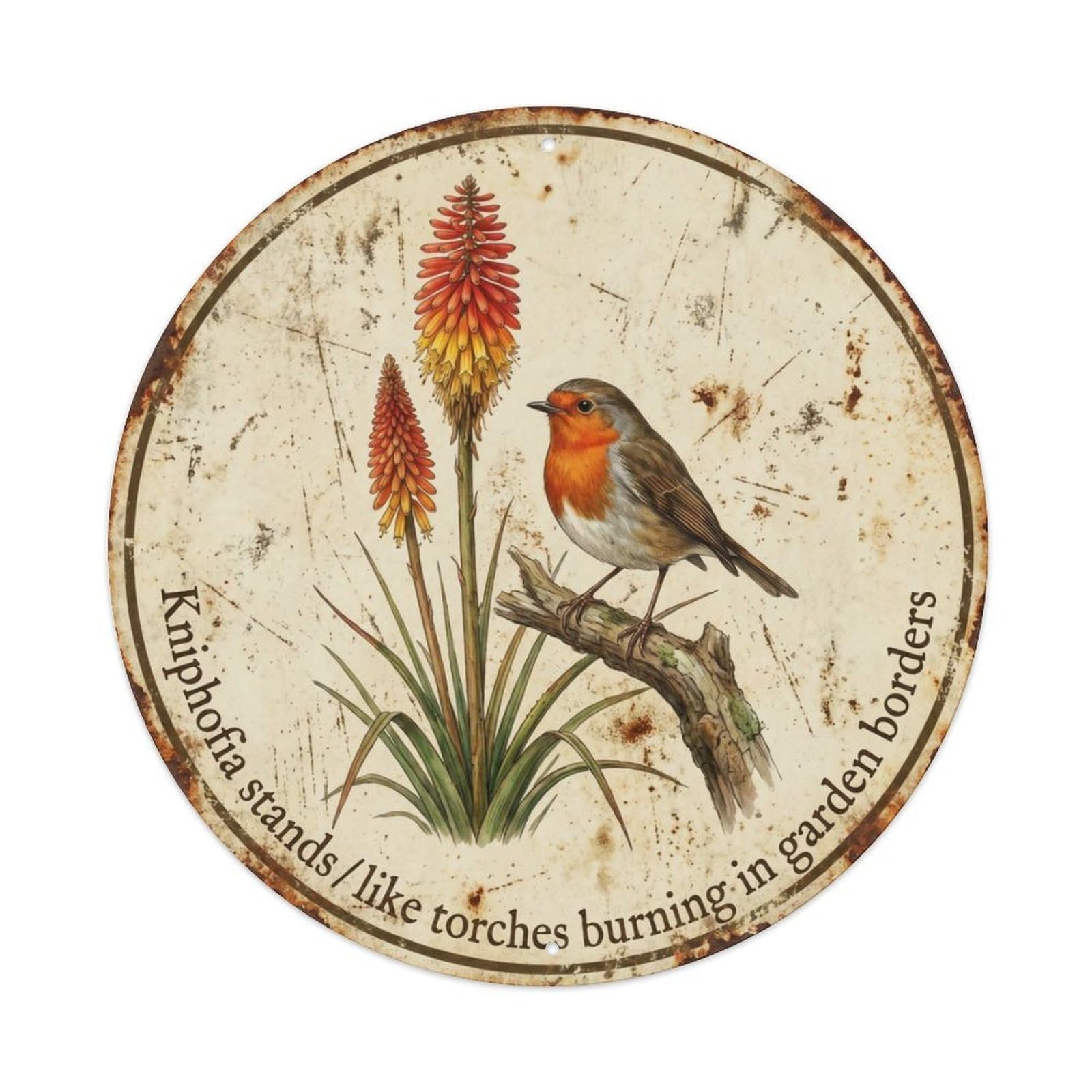 Robin Bird Garden Quote Kniphofia RoundMetal Tin Sign