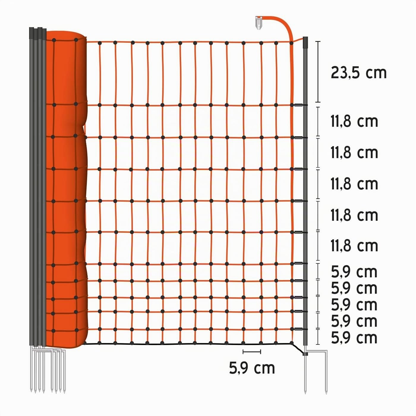 VOSS.farming Malla eléctrica para gallinas “farmNET”, Rollo de 25m de Longitud y 112cm de Altura, 9 Postes con Punta Doble y Kit de reparación