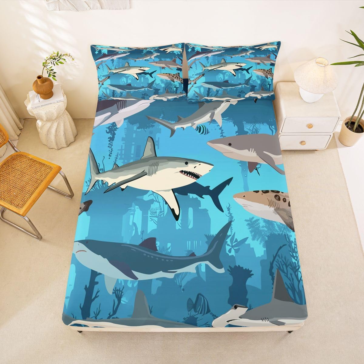 Erosebridal Shark Bed Sheets Full Hammerhead Shark Sheet Set, Under Sea Marine Life Soft Lightweight Bedding Set, Aquatic Animal Fitted Sheet with Deep Pocket