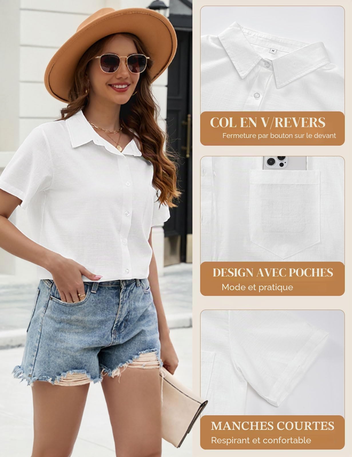 Chemise Femme Manche Courte Chemisier Chic et Élégant Blouse Coton Lin Haut Été Tops Col en V Tunique D'été avec Boutons Décontractés T-Shirt Ample Couleur Unie