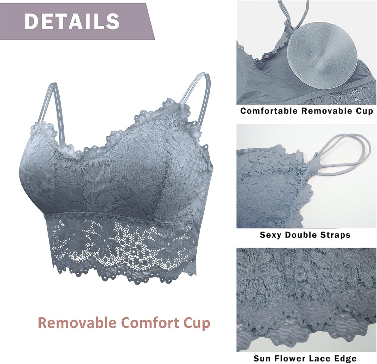 Lace Bandeau Bras with Strap Sunflower Wrapped Bralettes Deep V Neck Padded Sports Bra Bralette for Women Multipack - Image 3