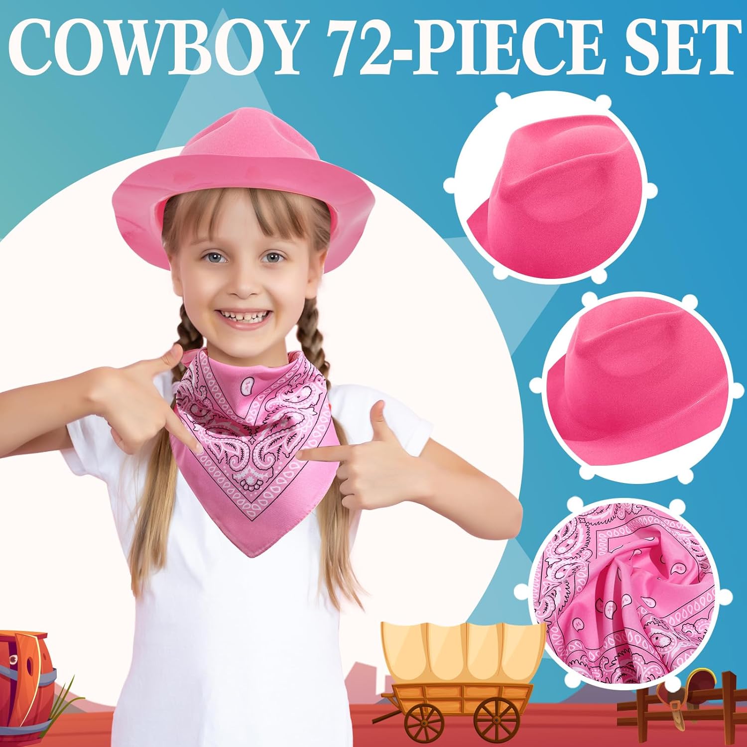 Hillban 72 Pcs Western Cowboy Hat and Paisley Bandana Set for Kids Felt Cowboy Party Hats for Costume Party Favors(Pink) - Image 3