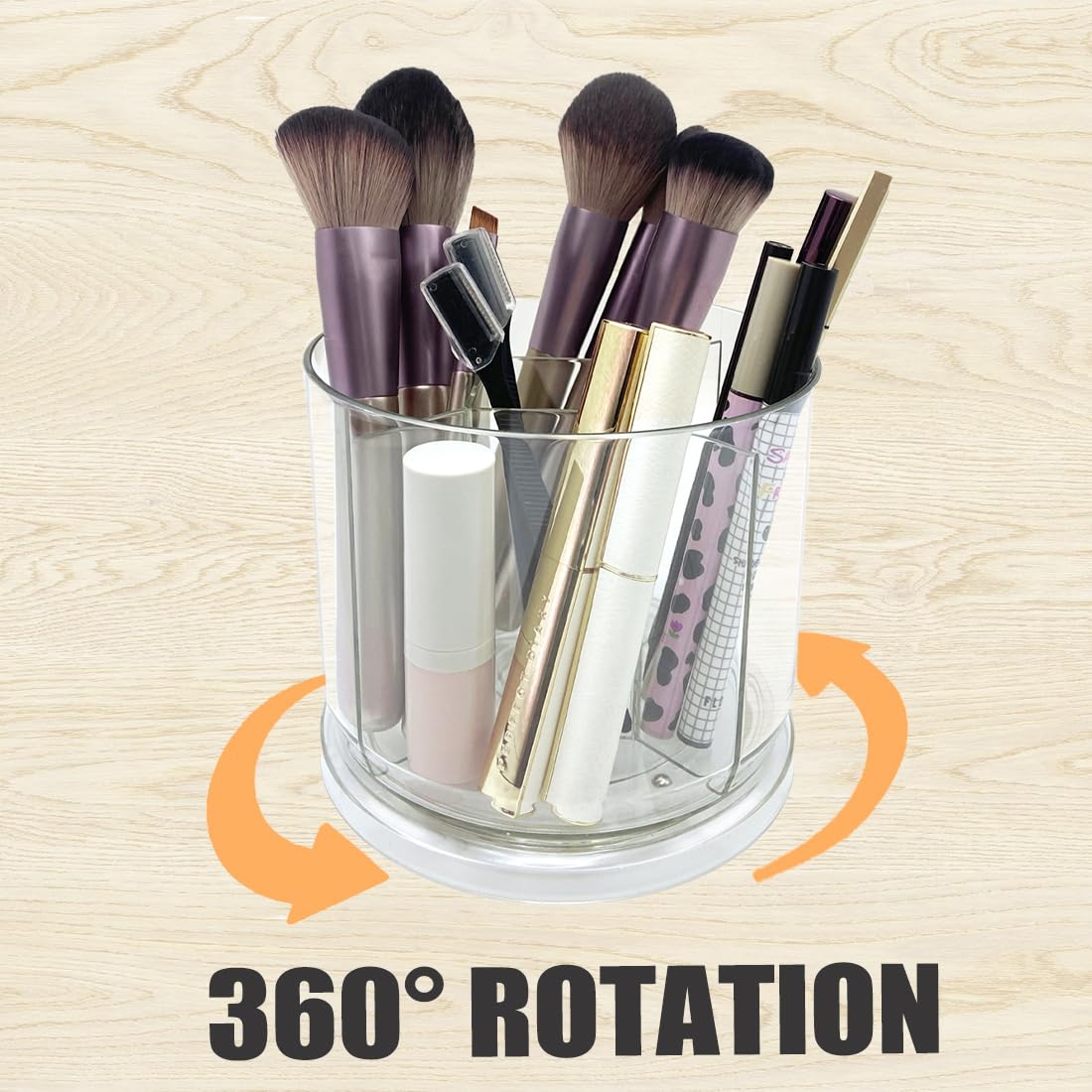 LOOENM Makeup Brush Holder 360 Rotating Makeup Brushes Organizer for Vanity, 5 Slots Makeup Organizers & Storage, Multi-Functional Pencil Pen Holder for Desk, Cosmetic Storage Container Cup (Clear)