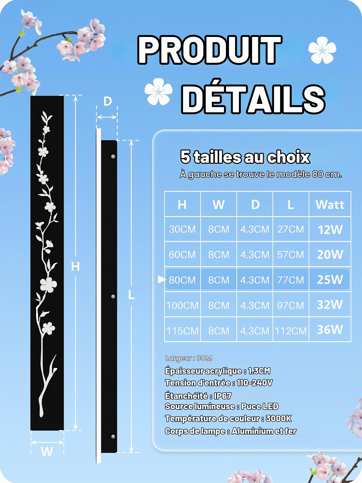 LUOLONG Applique murale longue LED noire 80cm applique murale extérieure 25W IP67 étanche lampe murale de villa conception de fleur de pêche appliques murales extérieures murs jardins porche