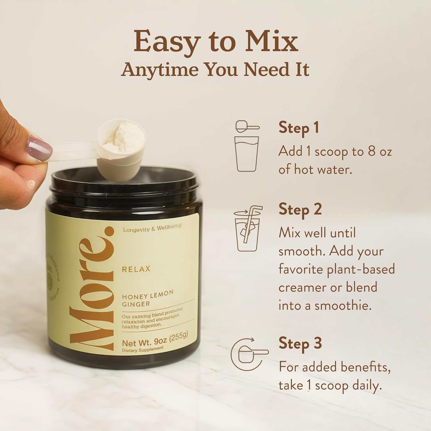 More. Longevity & Wellbeing Ashwagandha Supplements Extract – Premium Calming Drink Mix with GABA Supplements for Relaxation, Mood Balance, Energy & Focus – Ashwagandha for Women and Men - Adaptogen – No Fillers – 255g Jar