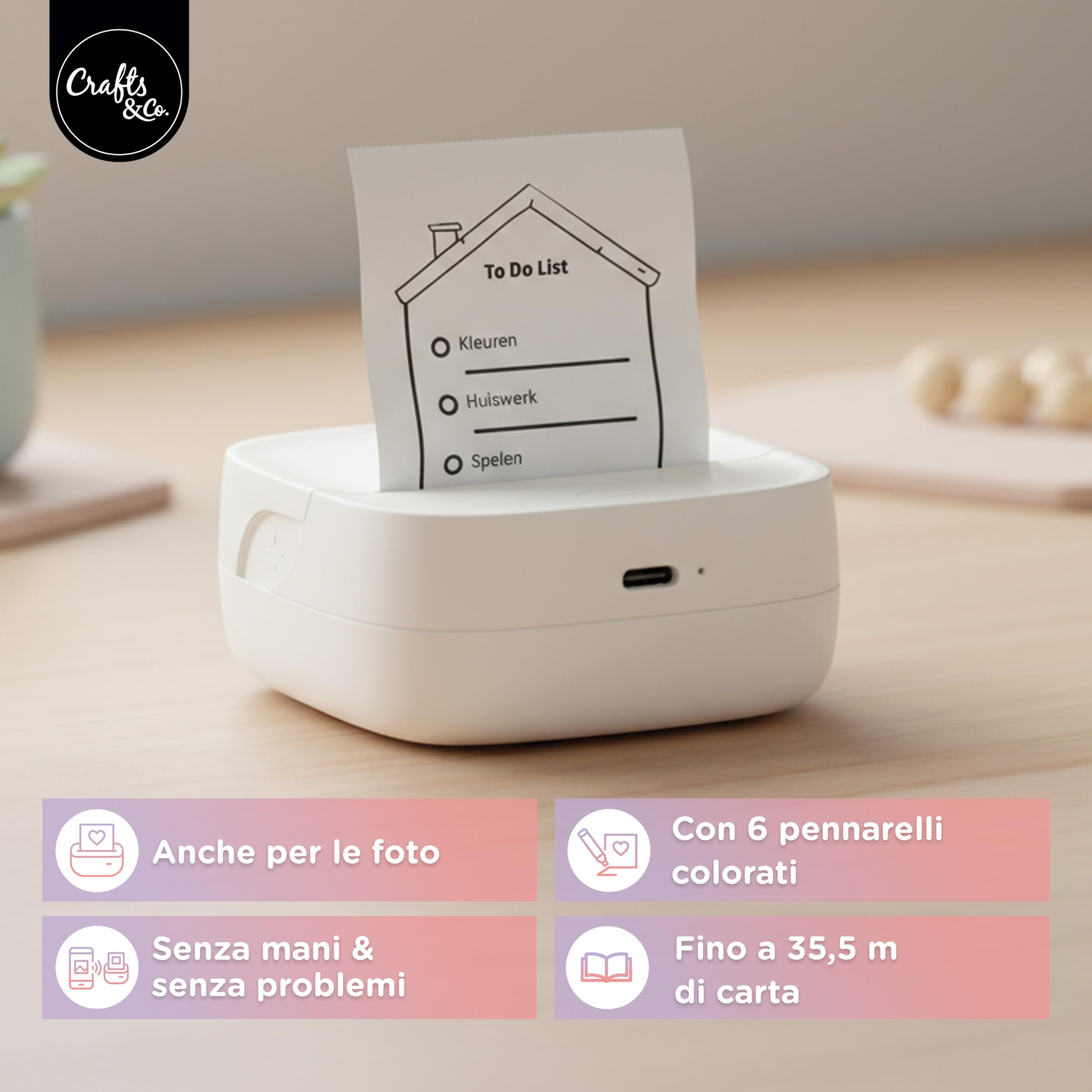 Crafts&Co Mini stampante tascabile | stampante portatile Bluetooth per smartphone adesivi e appunti, stampante termica senza inchiostro, dimensioni 8 x 8 x 3 cm, colore bianco