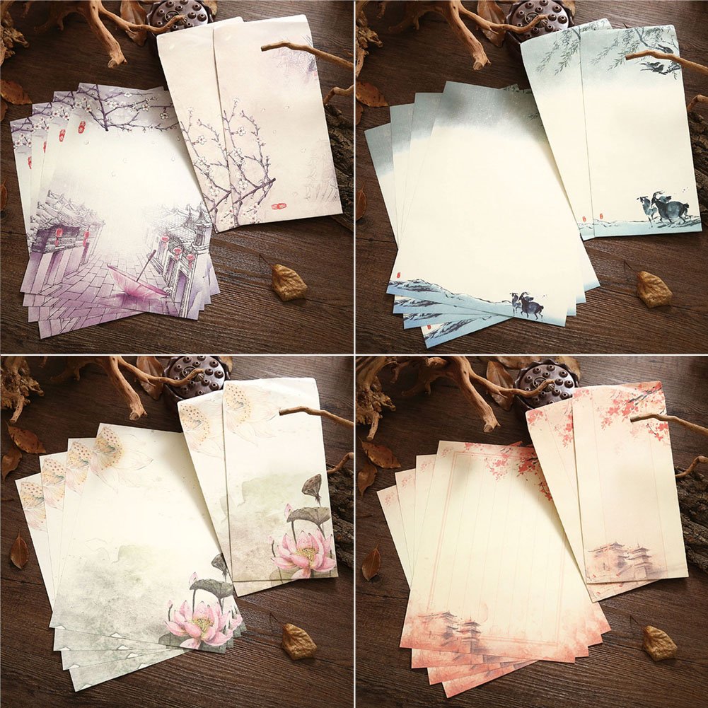 Winrase Set of 32 Chinese Ink Painting Classical Style Design Writing Stationery Paper with 16 Envelopes,8 Styles - Image 4