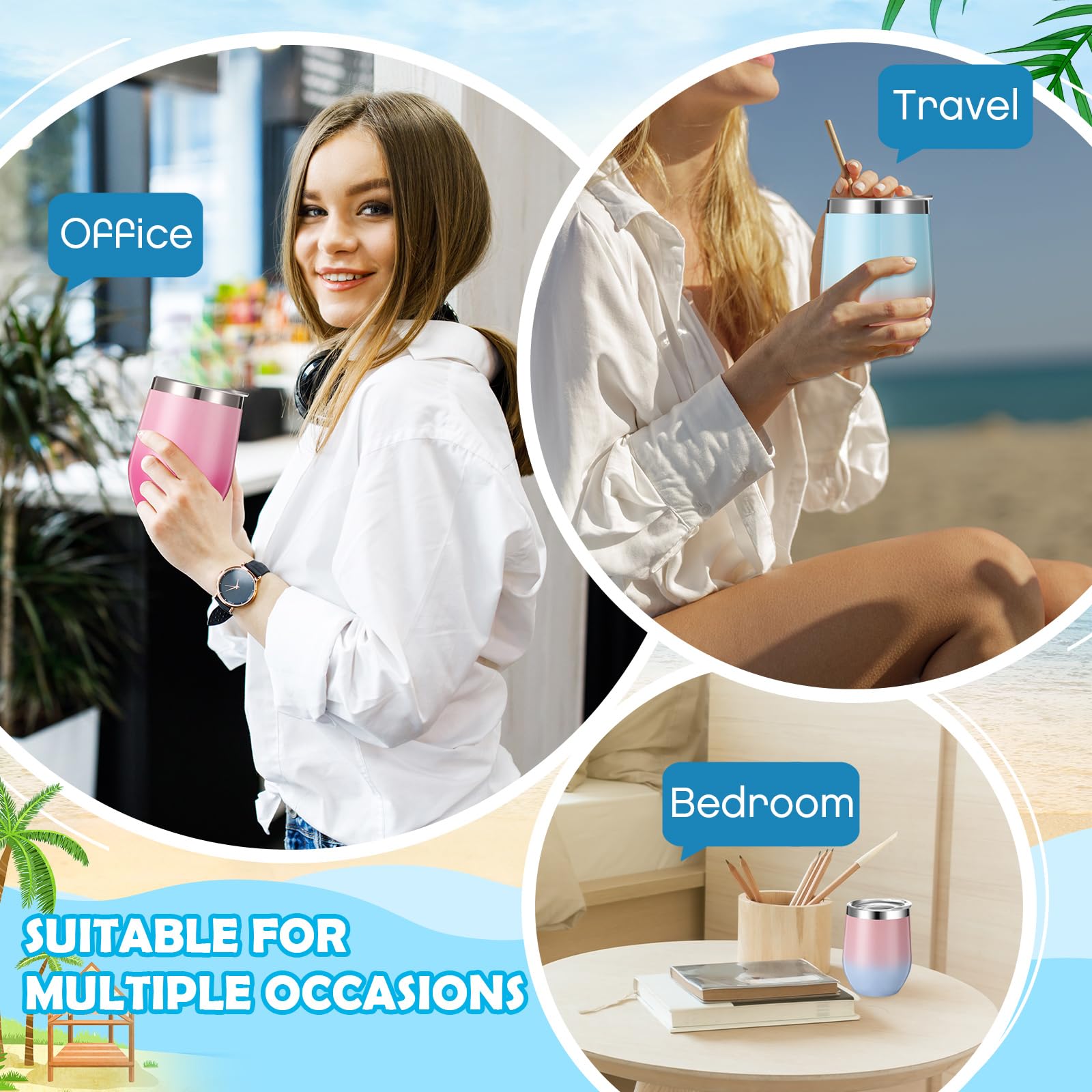 Baderke Weingläser mit Deckel, 340 ml, Edelstahl, Weingläser für Damen, wiederverwendbar, doppellagig, Reisebecher für Kaffee, Cocktails, Getränke, Farbverlauf, mehrfarbig, 8 Stück