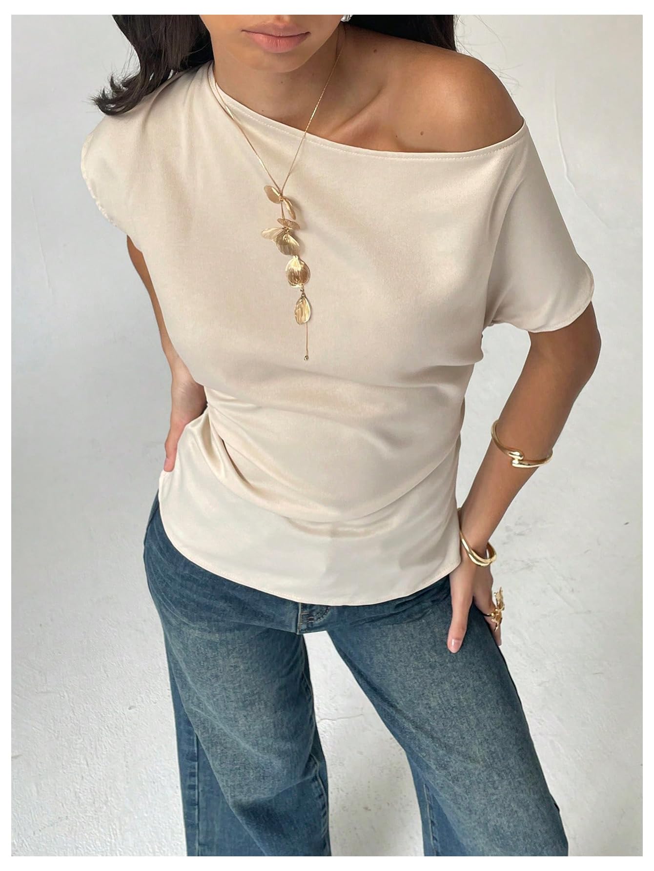 Floerns Women's Elegant Off The Shoulder Shirts Ruched Short Sleeve Dressy Casual Blouses