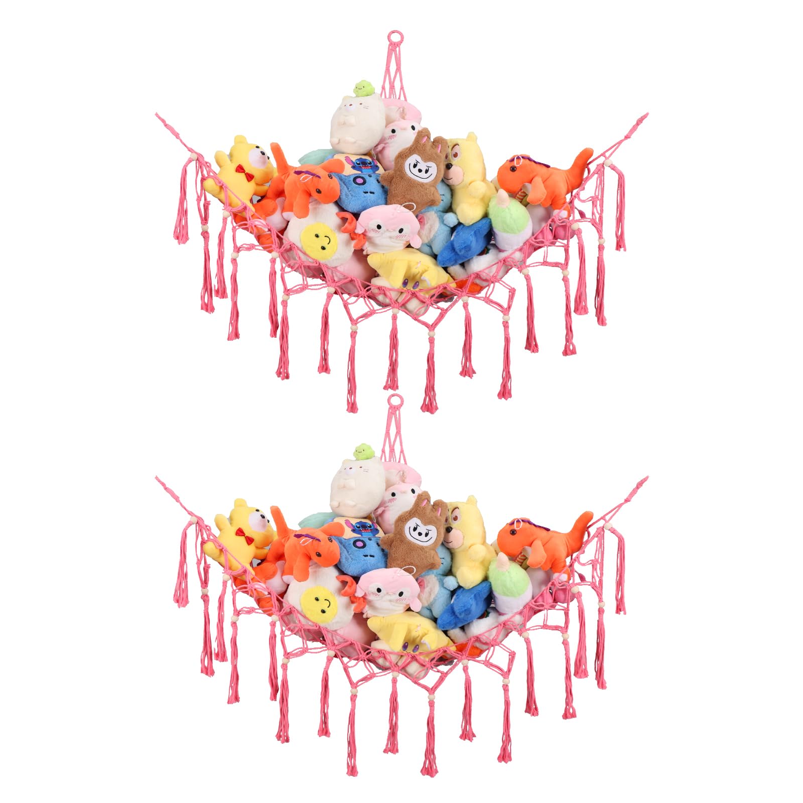 Hamac Rangement Peluches Filet d'Angle Lot 2 Filet Coton Épais Tissé Main Décoration Murale Chambre Enfants Rose