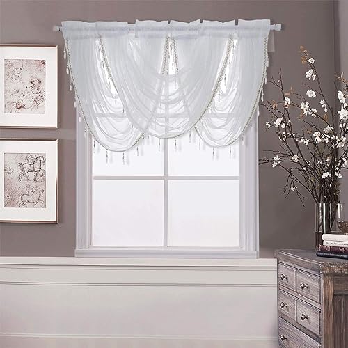 WUBODTI Cortinas de cascada con cenefas para ventanas, línea de seda blanca plateada, cortina de lujo con cuentas, cortina de ventana transparente