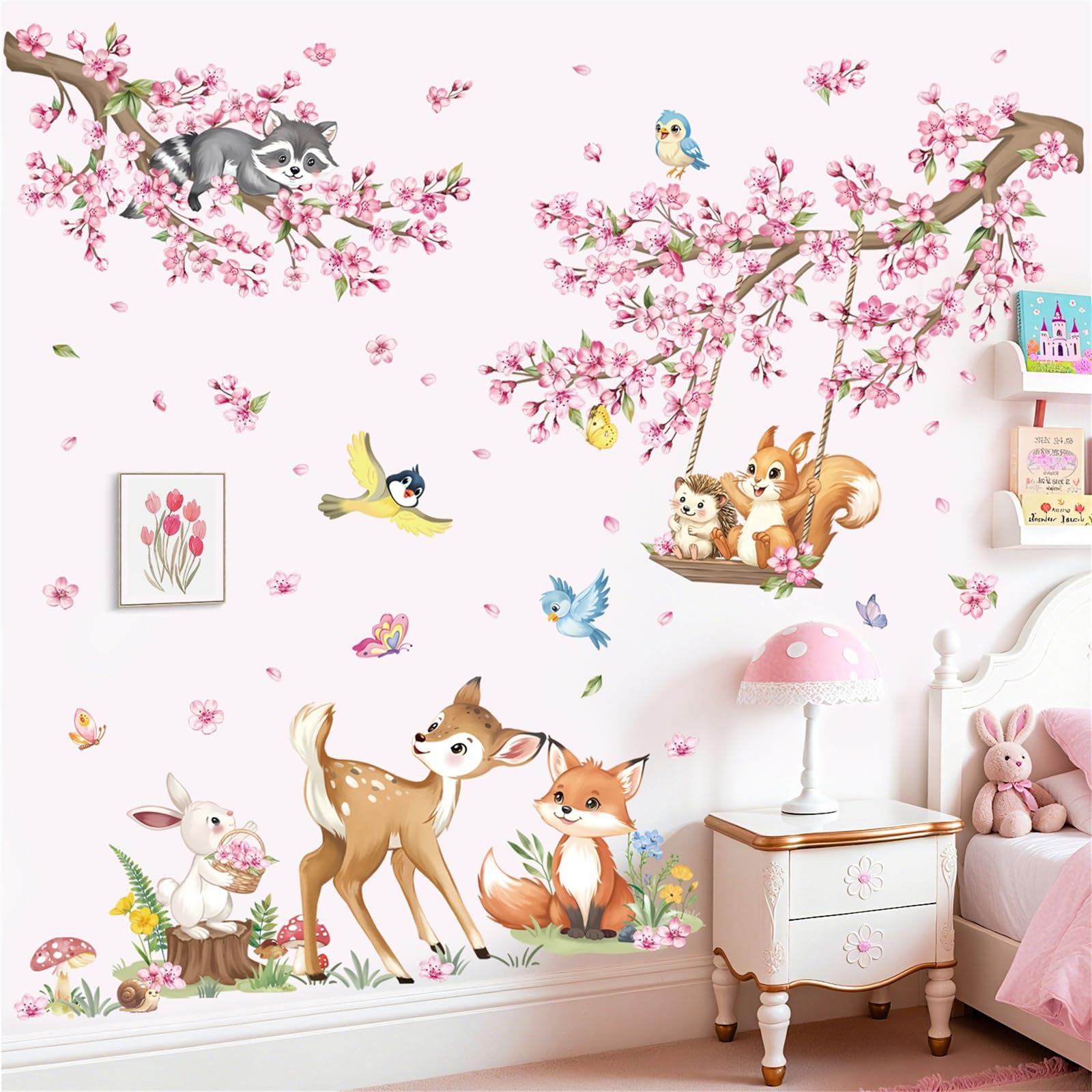 decalmile Stickers Muraux Fleurs de Cerisier Rose Autocollant Mural Animaux des Bois Floral Branche Arbre Décoration Murale Bébé Fille Chambre Enfants Pépinière