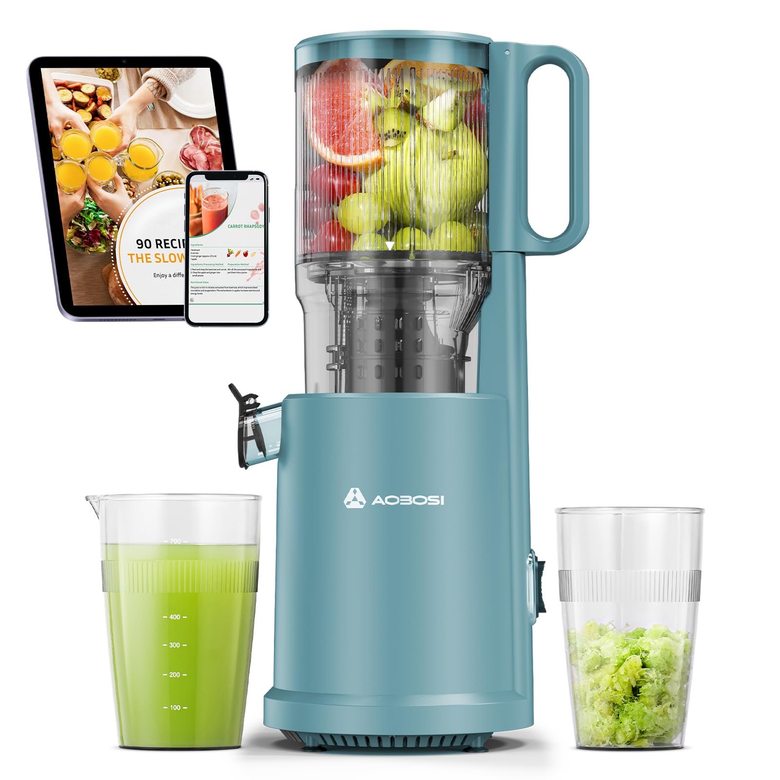 Aobosi Licuadora prensado en frio, Extractor de zumos y frutas con motor silencioso, 1.5 L, 200 W, Extractor de jugos Cold Press Slow Juicer Machine con Sinfín Mejorado
