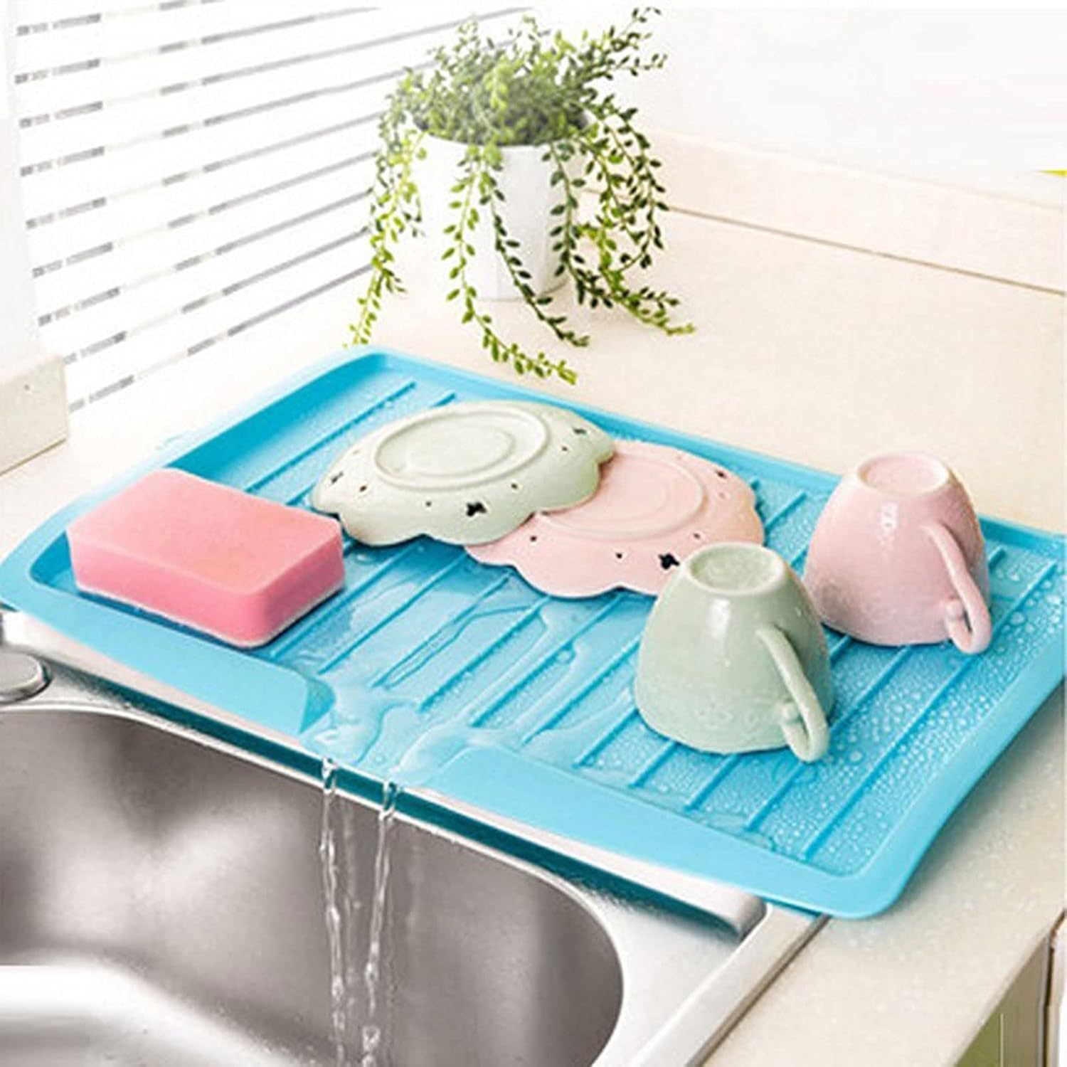 Plastic Sink Dish Drainer Tray with Hanging Hook Draining Tray Drain Board Side Drip Water Drain Kitchen Sink Rack Sink Tray for Kitchen Draining Tray (Blue)