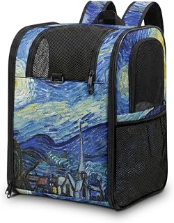 Starry Night Oil Painting Pet Carrier Backpack for Small Dog Travel - Foldable Lightweight Backpack Carrier with Ventilated Mesh Hands Free for Outdoor Vet Visit Car Ride Commute