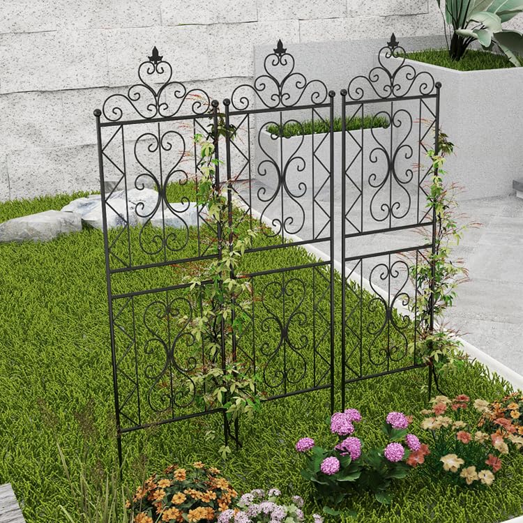 Treillis de jardin en fer forgé noir de 185 cm, lot de 2 cadres de support pour plantes grimpantes, extérieur pour vignes, fleurs et légumes