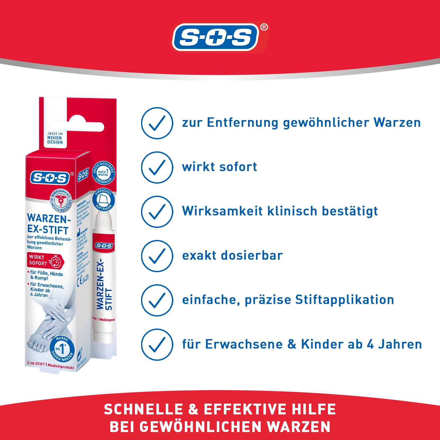 SOS Warzen-Ex Stift (6x 3 ml) - zur Entfernung gewöhnlicher Warzen - sofort wirkender Warzenstift - Warzenmittel mit einfacher & präziser Stiftapplikation - effektiv ab der 1. Anwendung