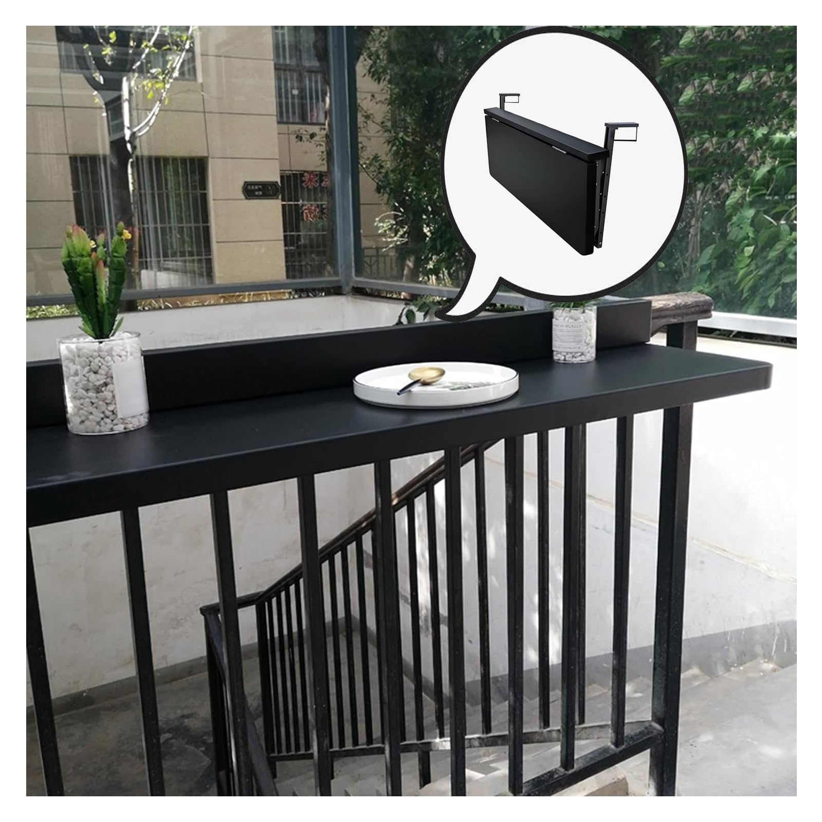 Tavolino Pieghevole da Parete per Balcone e Patio, Tavolo da Portata sospeso Regolabile, tavolino salvaspazio per Interni/Esterni (Nero, 100x39 cm)