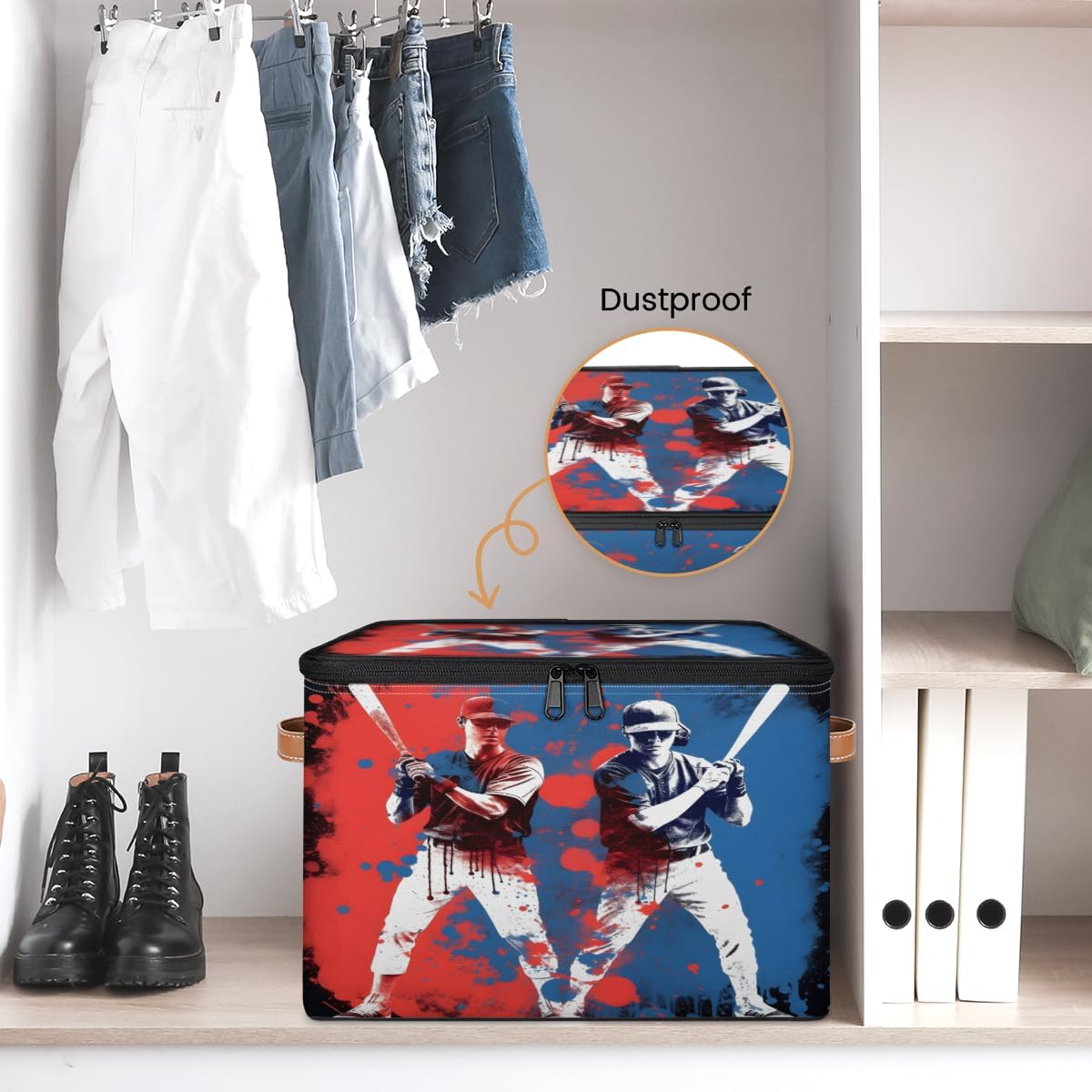 Storage Bin Set of 2 Baseball Player Storage Basket with Zipper Lid & Handle Foldable Closet Shelf 2 Pack Cloth Organizer Basket Cube Bins Clothes Organizer for Nursery, Bedroom