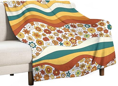 Miniatura 29 de Manta de tiro floral retro de los años 70, estilo bohemio, ondulado, geométrico, hippie, lindas flores, amarillo y naranja, manta con estampado