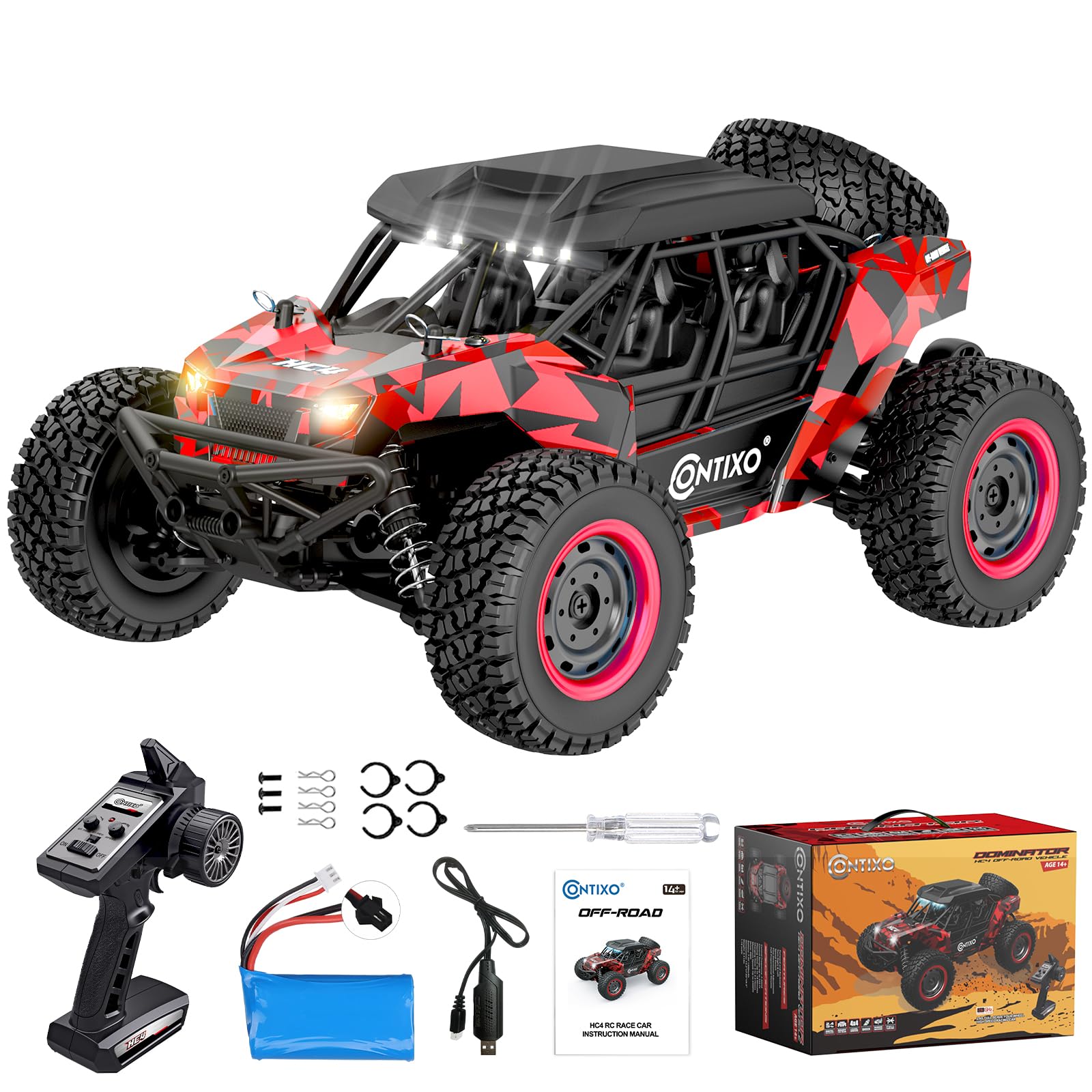 Contixo HC4 1:16 All Terrain RC Stunt Car, 25MPH 4WD Off-Road Remote Control Trucks with 2.4GHz Radio, LED Lights, Shock Absorption & Waterproof Design, High-Speed Electric Vehicle Toys for Kids-Red