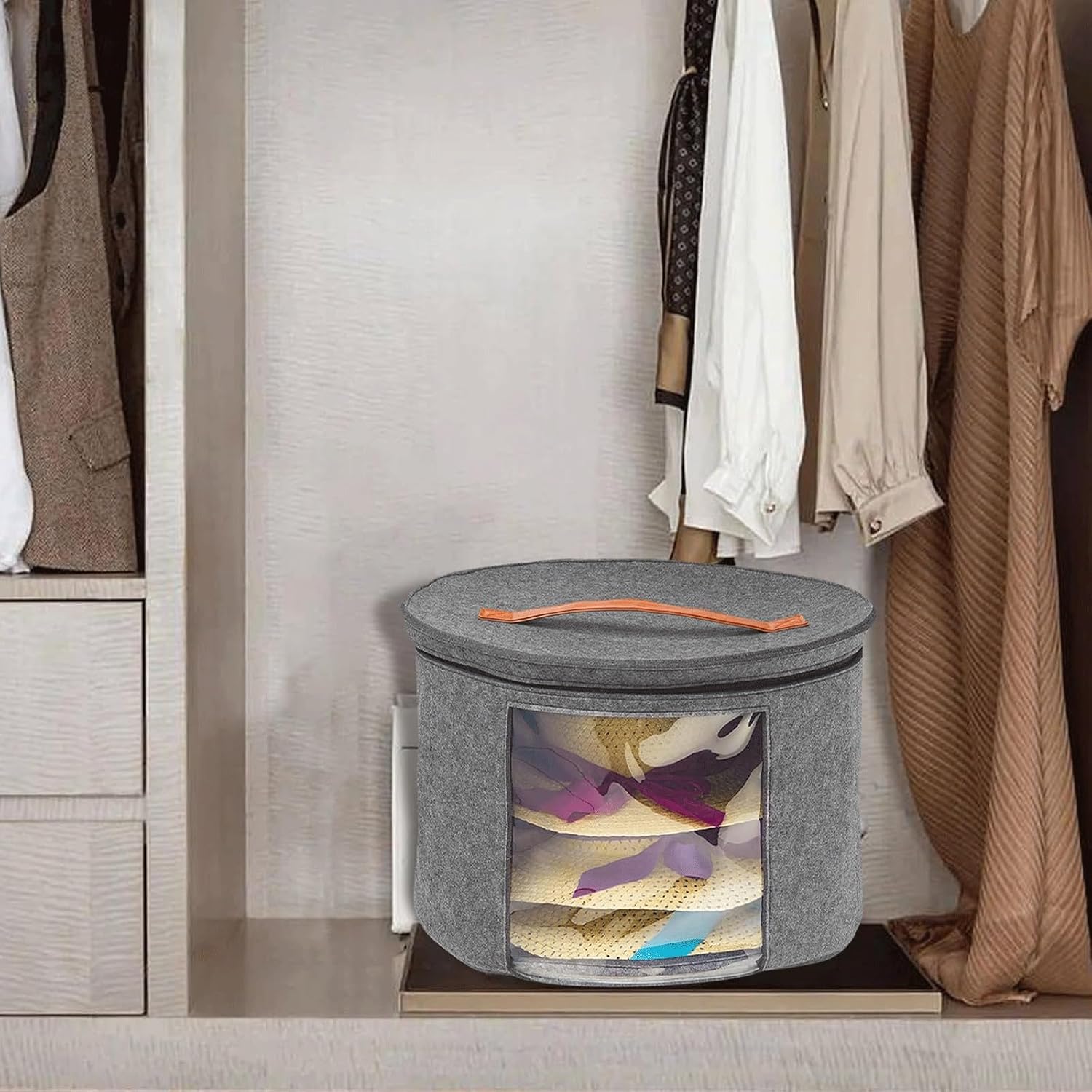 GeRRiT Hat Storage Box, Stuffed Animal Toy Storage Box, Portable Foldable Hat Box, Men's And Women's Travel Hat Box With Lid, Wardrobe Storage Box (Color : Gray, Size : 50x43cm)