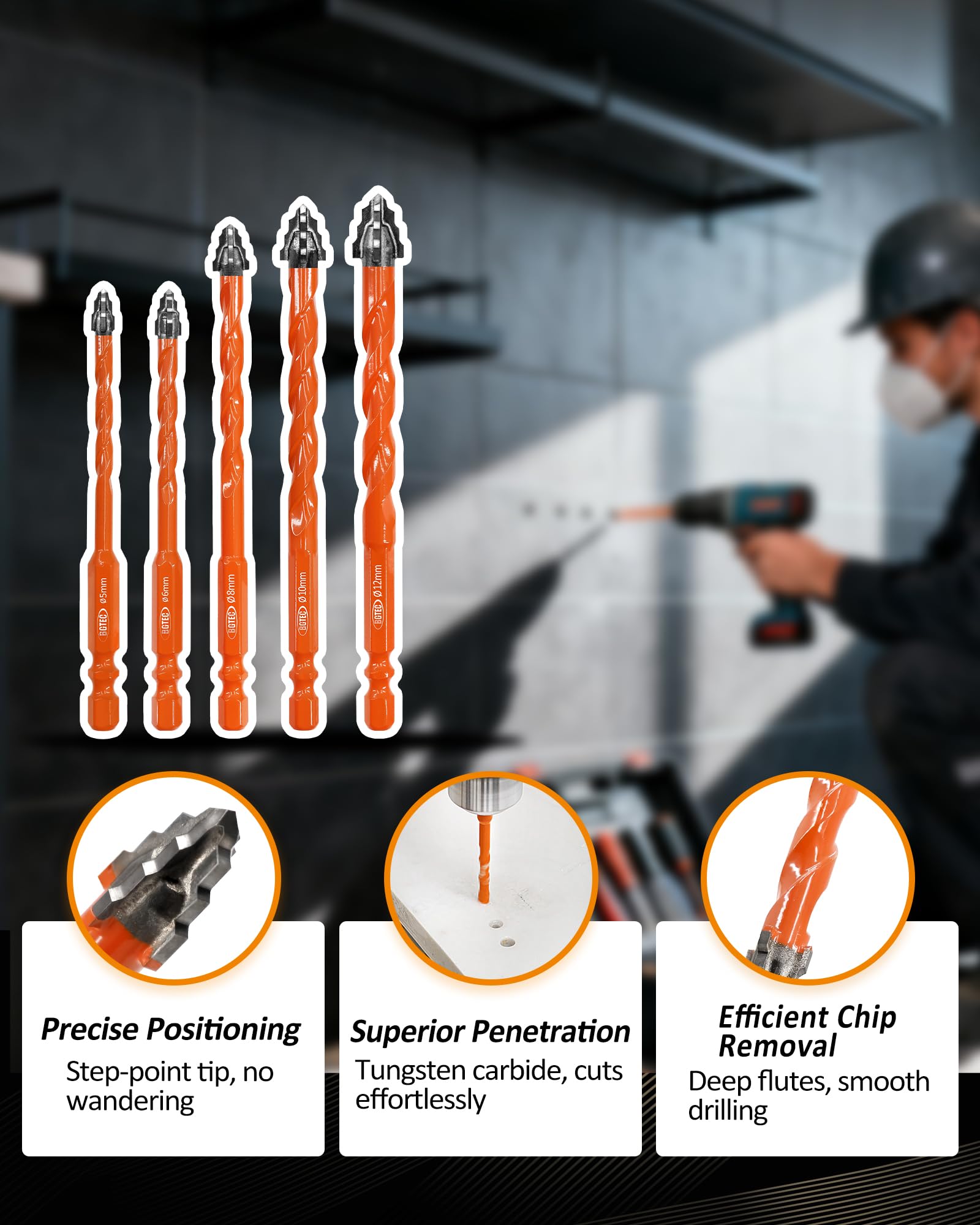 BGTEC Punte Eccentriche a denti di Sega a Quattro Taglienti - 10 pezzi Punte per Piastrelle Ø 5-12 mm per legno plastica mattoni piastrelle vetro calcestruzzo marmo