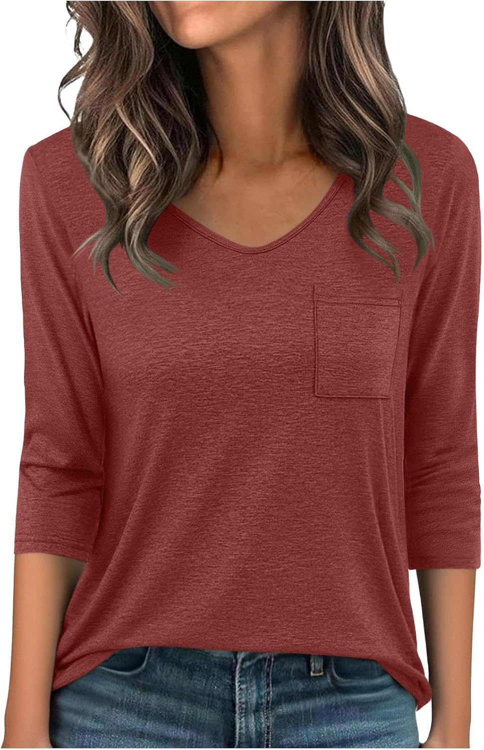 Womens Tops 3/4 Sleeves Dressy Casual Solid Color Lightweight Casual Comfy V Neck Basic Shirts Going Out Tees
