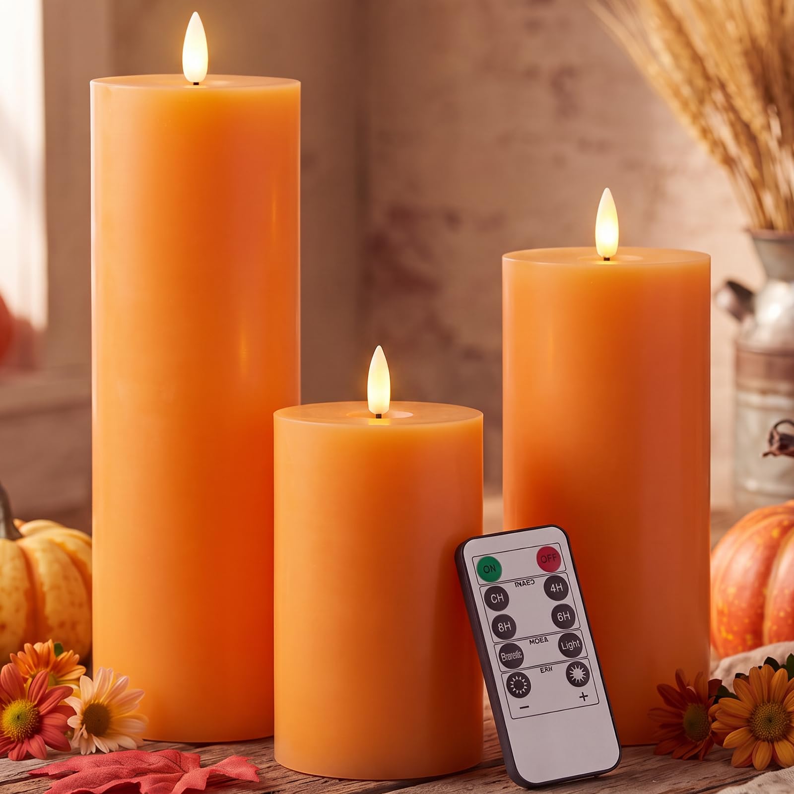 Retisee 3 Pcs 6/8/12 Inches Orange Flameless LED Candles with Remote and 2/4/8h Timer Battery Operated Wax Flickering Candles for Fall Gatherings, Thanksgiving Harvest Pumpkin Seasonal Home Decor — image 1