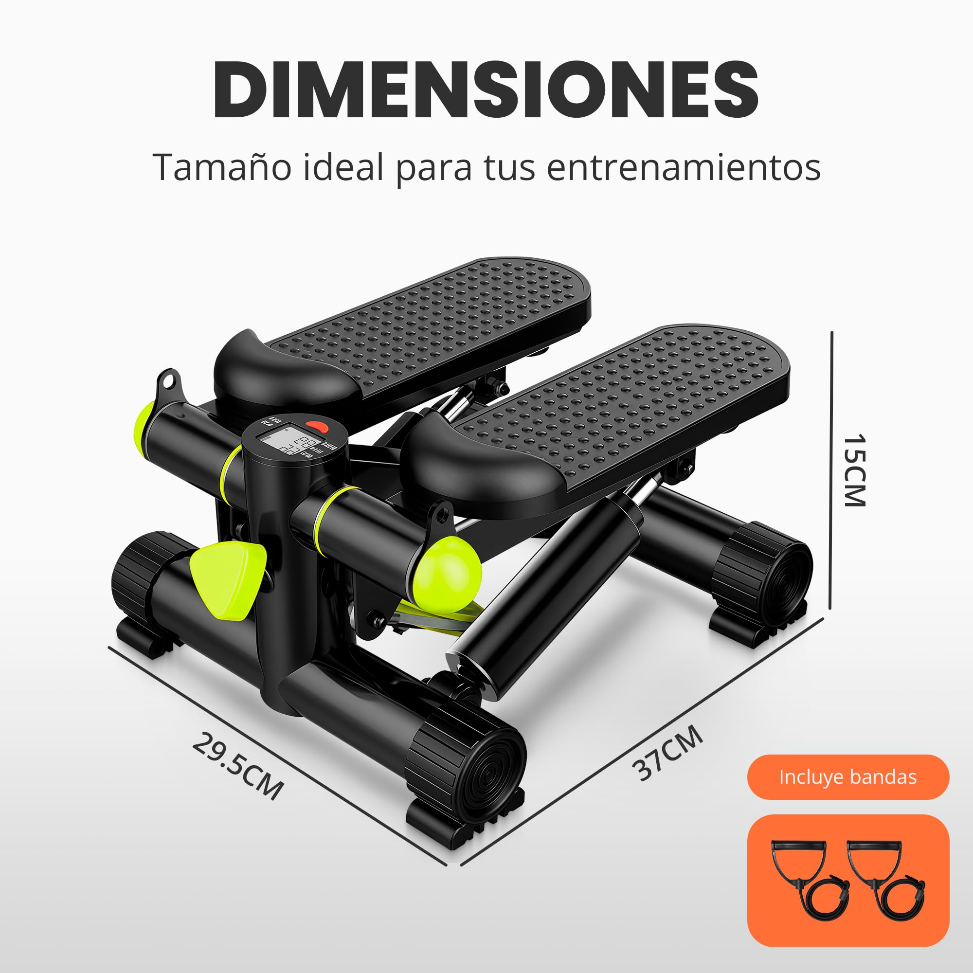 JUPPLIES Mini Stepper con Bandas Elásticas - Stepper Fitness de Acero, Pistón Hidráulico Silencioso, Pantalla LCD, Resistencia Ajustable y Pedales Antideslizantes para Tonificar y Quemar Grasa en Casa