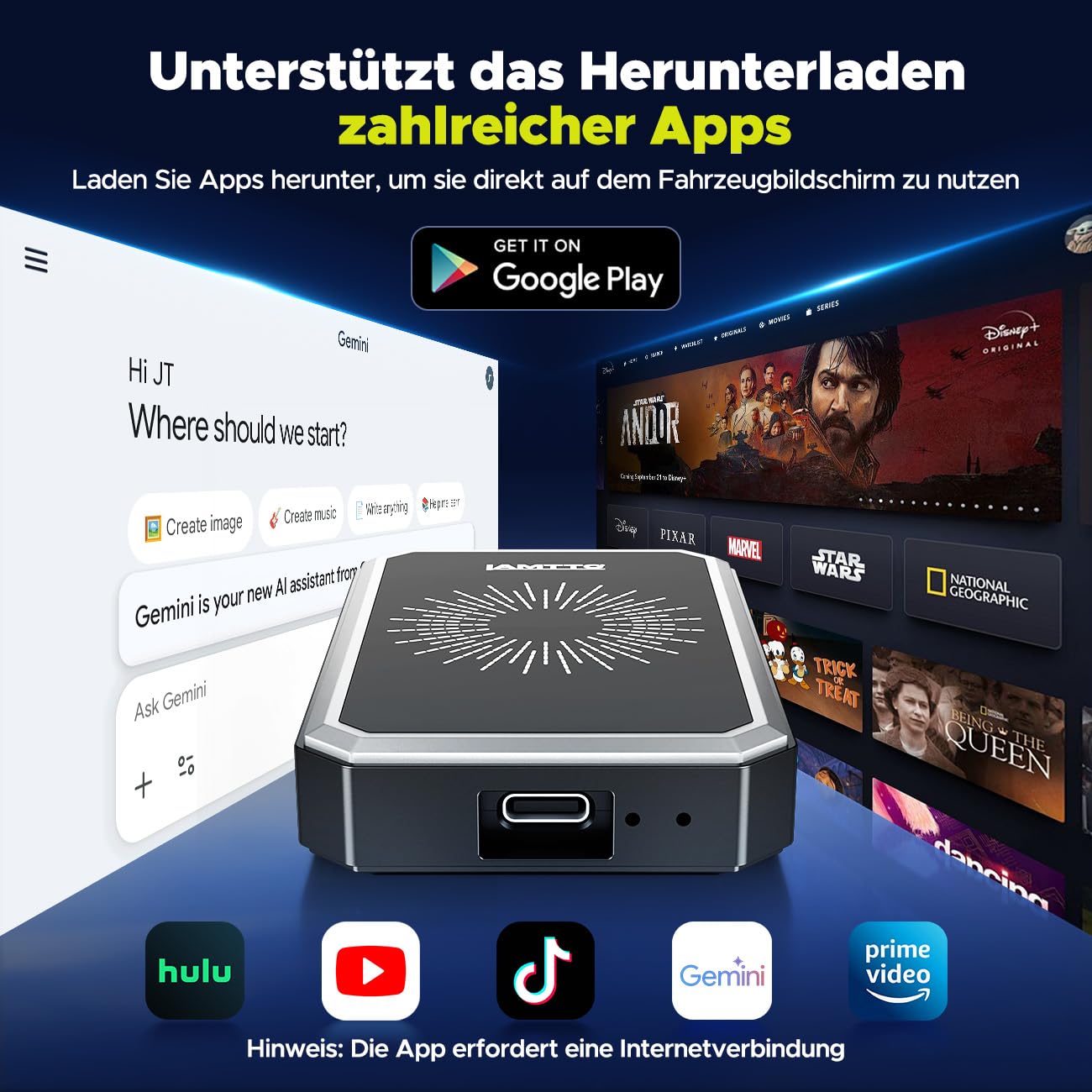 LAMTTO Wireless CarPlay Adapter AI Box mit Google Play App-Download & Gemini AI für CarPlay & Android Auto Dual-Band WLAN Bluetooth HDMI Output USB Media Playback AirPlay OTA Adapter Auto 4 IN 1