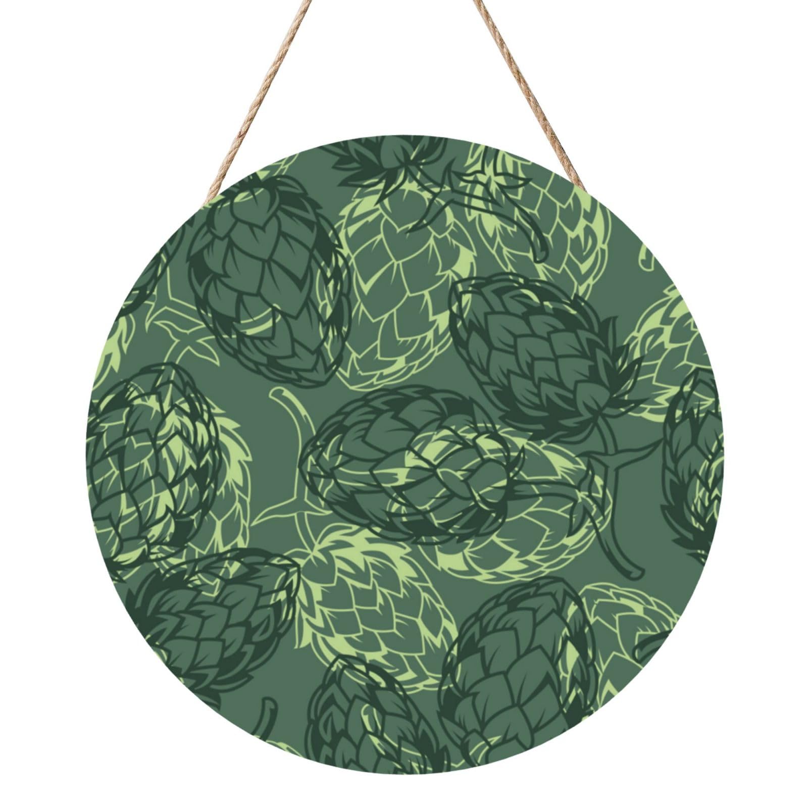InOmak Vintage Beer Hops Leaves, Round Wood Panel Painting 12 in, Wall Hanging Painting For Home