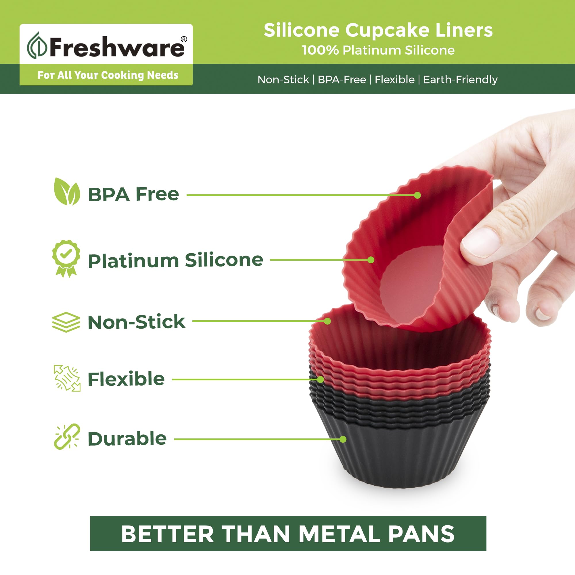 Freshware Reusable Silicone Cupcake Liners - Pack Of 12, 3.8 Inch, Non-Stick, Oven & Dishwasher Safe