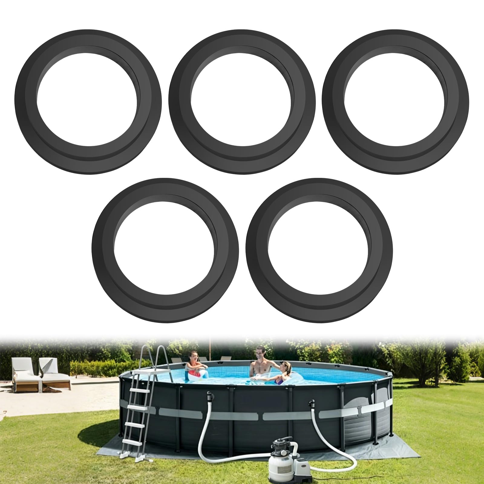 5 Piezas Juntas Tóricas Piscina, Juntas de Goma para Piscina, Arandelas Goma, Repuesto para Bomba de Arena, Filtro Arena y Conexión Manguera (Negro)