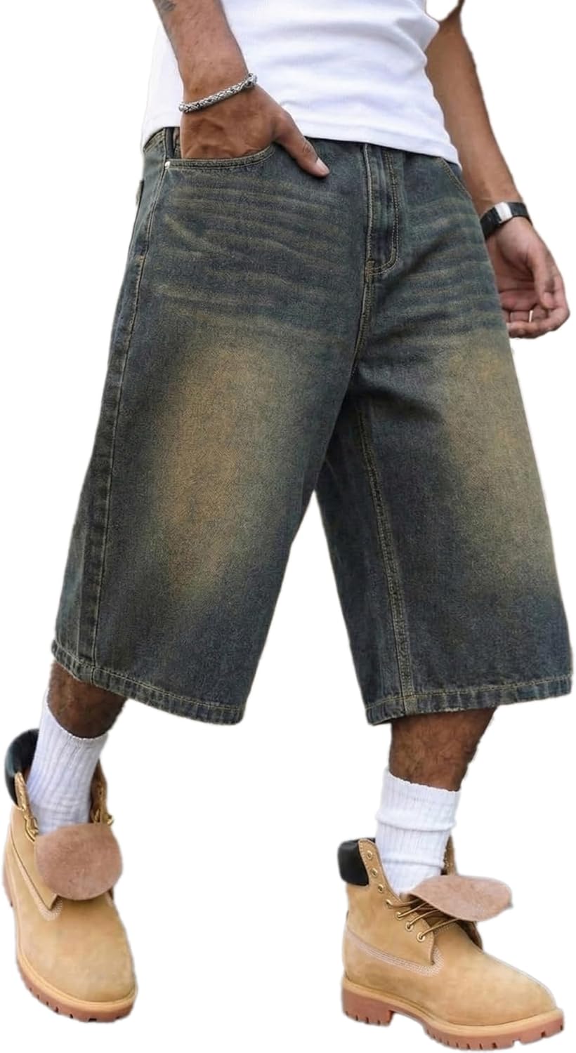 Mens Baggy Jean Shorts, Loose Fit Vintage Wide Leg Jorts, Y2K Streetwear Denim Capri Pants with Elastic Back Waistband