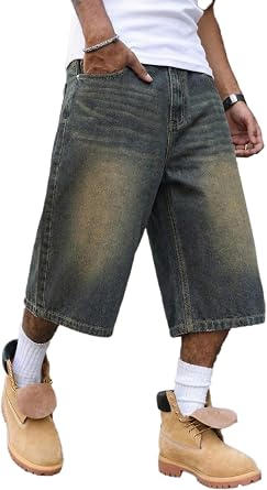 Mens Baggy Jean Shorts, Loose Fit Vintage Wide Leg Jorts, Y2K Streetwear Denim Capri Pants with Elastic Back Waistband