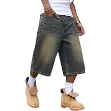 Mens Baggy Jean Shorts, Loose Fit Vintage Wide Leg Jorts, Y2K Streetwear Denim Capri Pants with Elastic Back Waistband