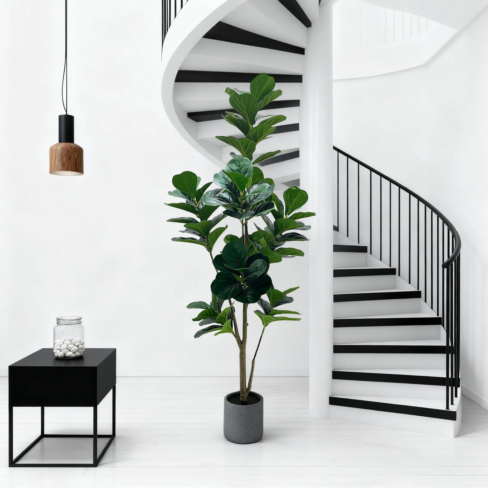 Ficus Artificiel150 cm, Ficus Plante Verte Artificielle Grande en Pot Gris Résistant avec Pierres Décoratives, Fausse Plante Intérieur Extérieur, Arbre Artificiel Décoration Salon Maison Bureau