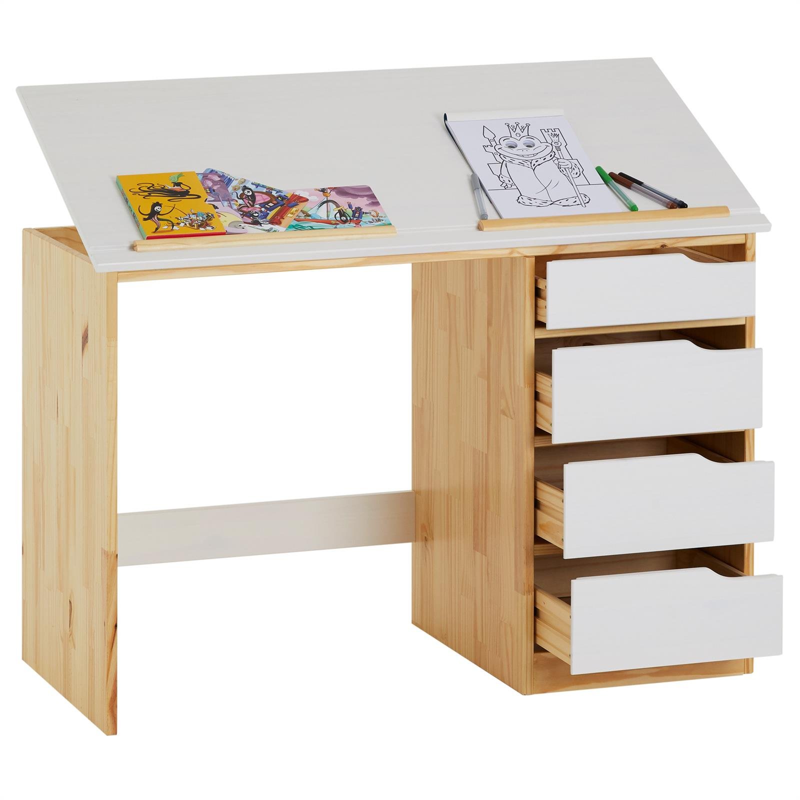 IDIMEX Bureau Enfant Emma Bureau avec Rangement 4 tiroirs et Plateau inclinable, Style scandinave, en pin Massif Naturel et Blanc